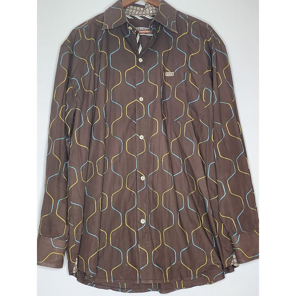 Vintage Enyce Mens XL Brown Embroidered Geometric Long Sleeve button up shirt